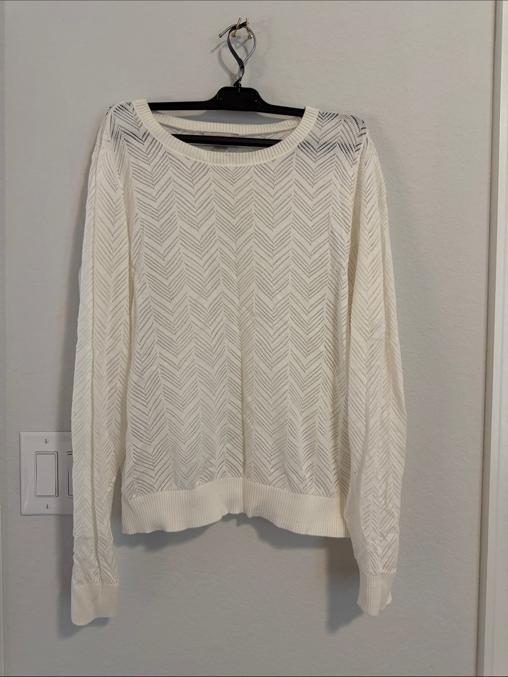 LOFT Cream Open-Knit Chevron Crewneck Sweater